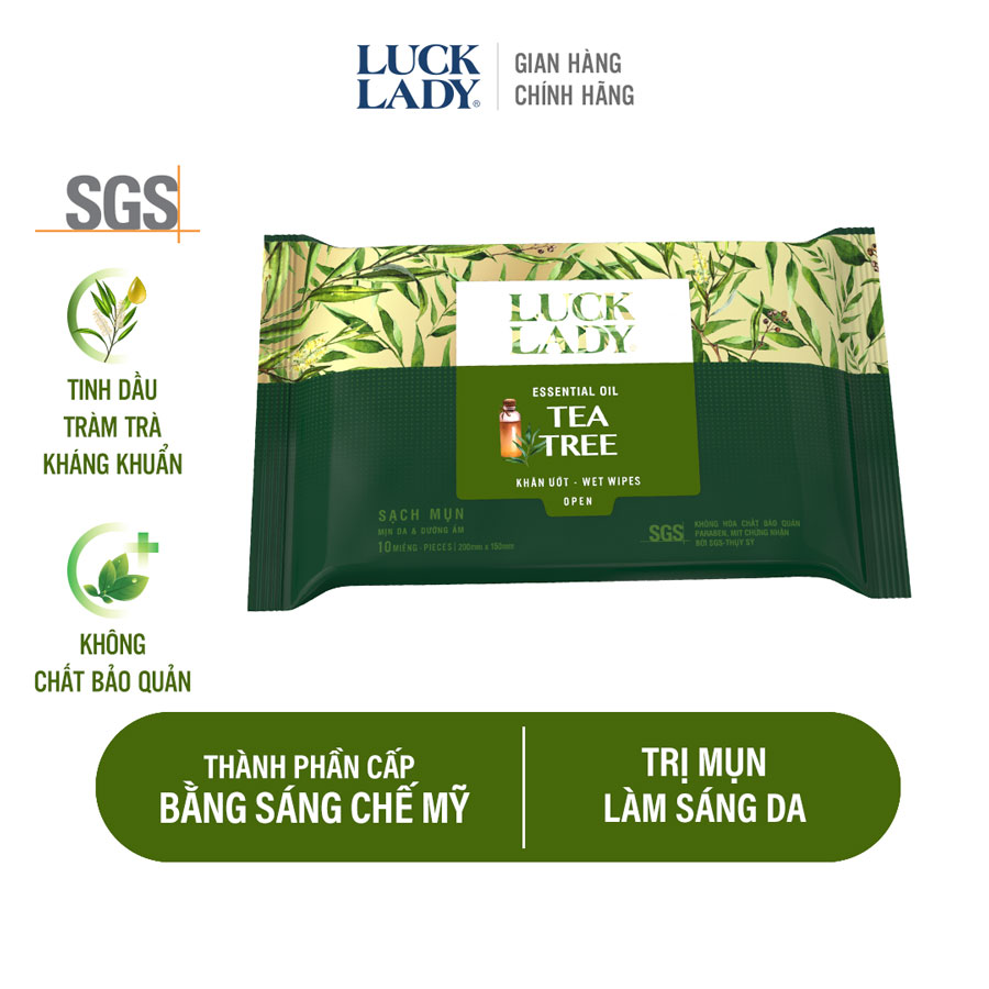 Khăn Ướt Luck Lady 10 tờ/gói Tea Tree
