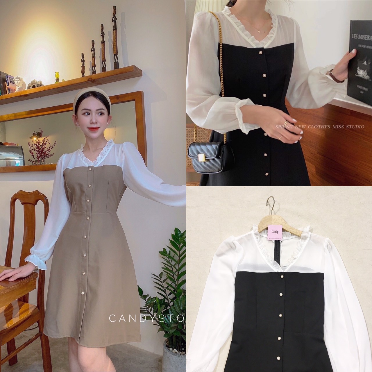 Hani Dress - đầm phối trắng tay dài
