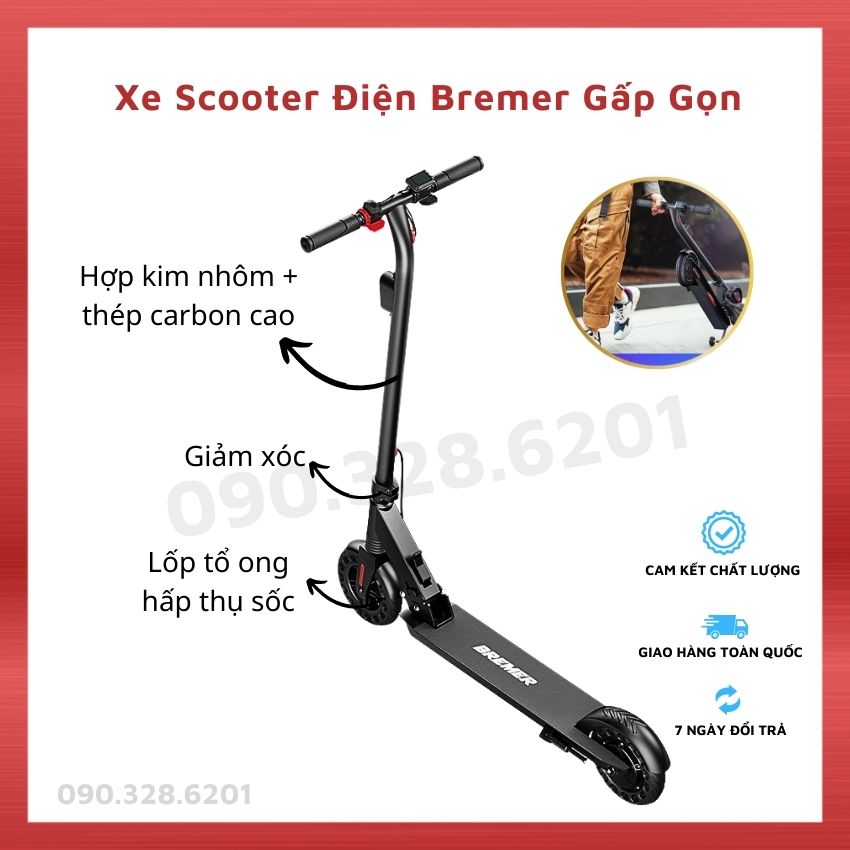 Xe Trượt Scooter Điện Bremer Người Lớn, Scooter Điện Gấp Gọn Tốc Độ 25km h