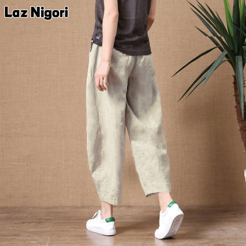 NI Pants for woman cotton and linen women's pants nine points loose thin cotton and linen elastic waist wide-leg pants retro casual pants
