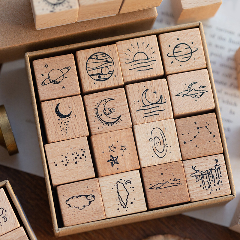 Set of 16 wooden stamps Sun Moon Stars Decorate Diaries, Photo Albums, Scrapbook Card Making - Panda Accessories