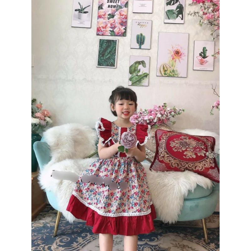 váy hoa phối đỏ viền ren cho bé gái