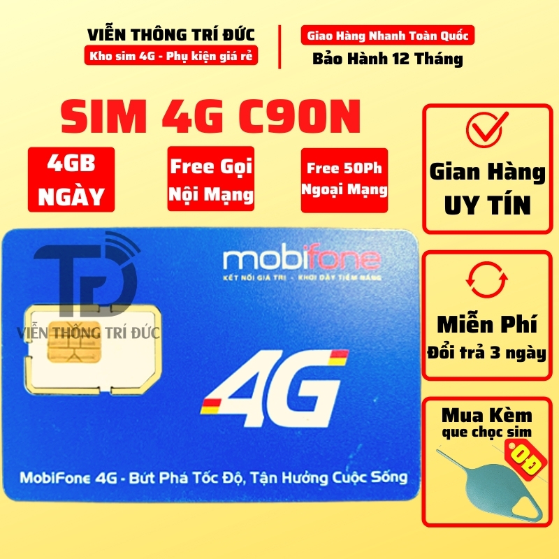 Sim 4G Mobifone Gói C90N Data 120Gb/Tháng [4Gb/Ngày] Miễn Phí Tháng Đầu - Miễn Phí Gọi Nội Mạng + 50 Phút Liên Mạng| - Đầu 07 Free 1 Tháng