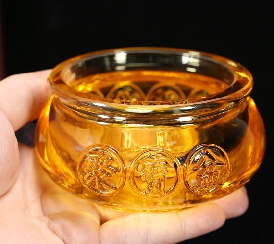 Hũ đựng Vàng Thần Tài Pha Lê ( Cỡ Trung 8cm) + 36 Thỏi Vàng Cỡ 2cm - Tụ bảo bồn lưu ly, Chiêu Lộc Tụ Tài (M8/36)