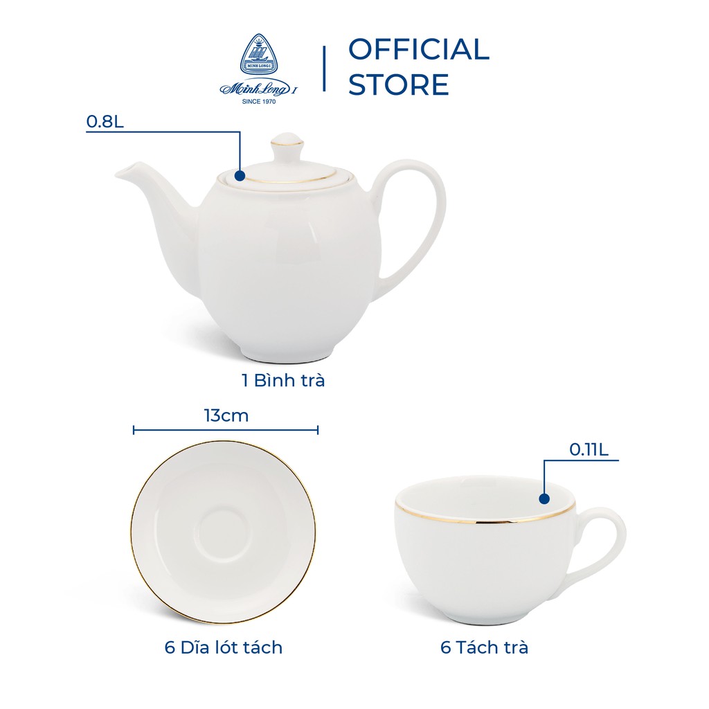 Bộ Ấm, Chén Trà Sứ Minh Long 0.8 L - Camellia - Chỉ Vàng