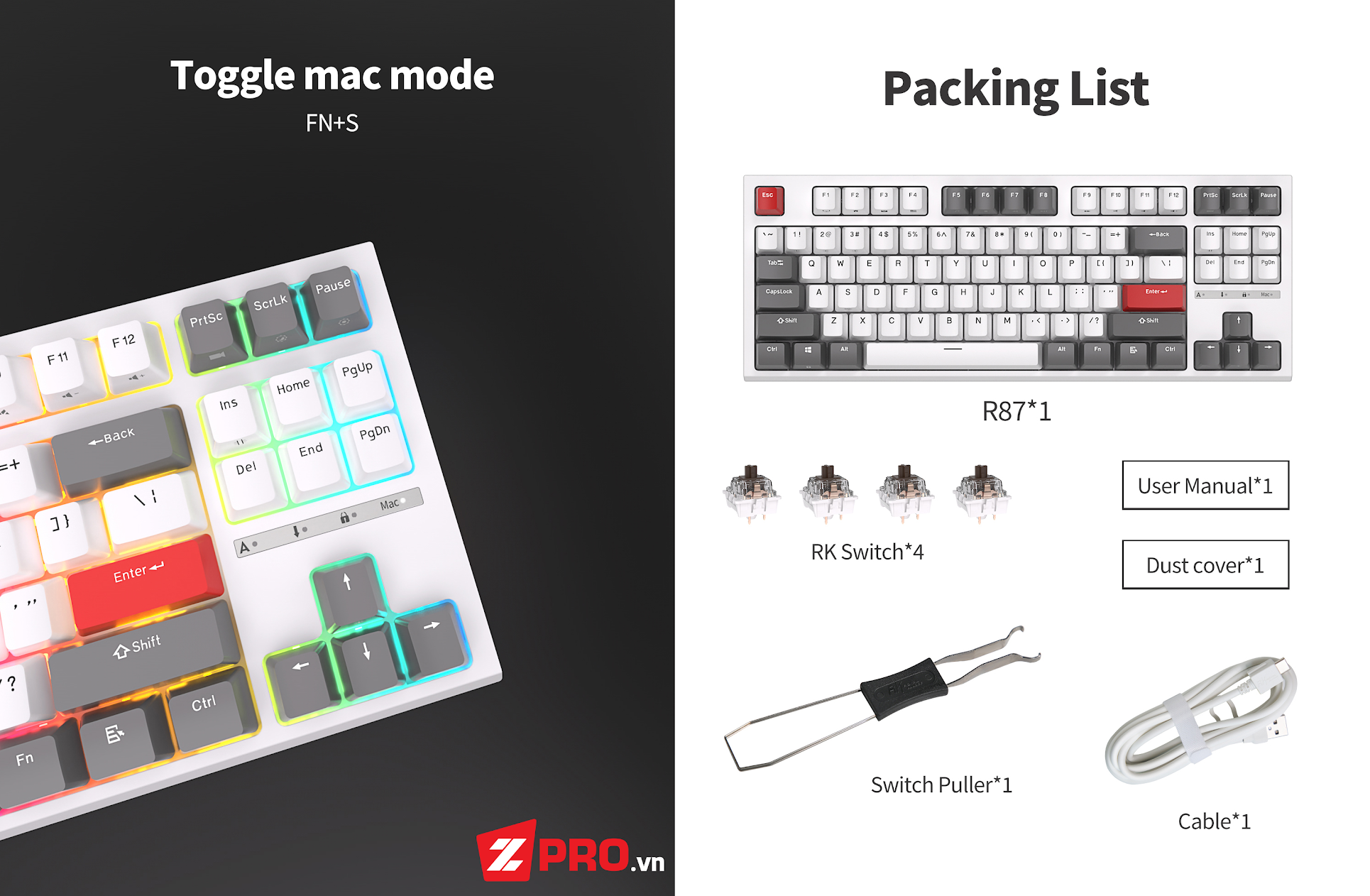 Zpro.vn - Bàn phím cơ Royal Kludge RK R87 (Hotswap, Keycap PBT)