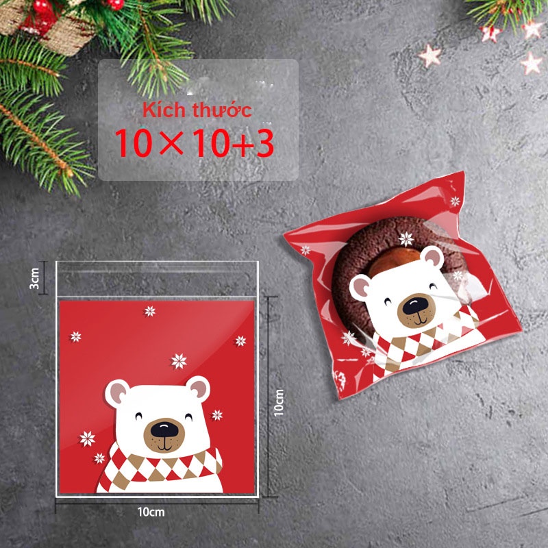100 Túi Đựng Bánh Kẹo, Bao Bì Hoạ Tiết Dán Miệng Kích Thước 10x10+3 cm, Chủ Đề Noel Giáng Sinh