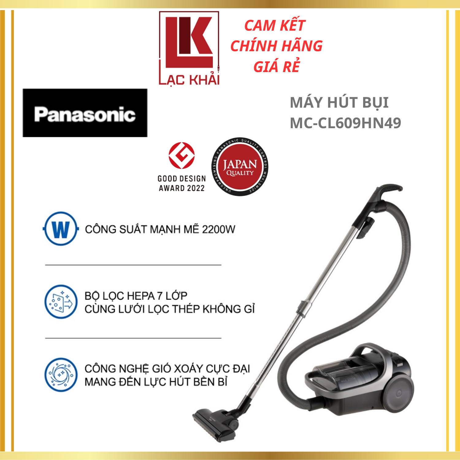 Máy hút bụi dạng hộp panasonic mc-cl609hn49 - công suất 2200w - công nghệ gió xoáy cực đại - bộ lọc hepa & lưới lọc hiện đại - hàng chính hãng - bảo hành chính hãng 12 tháng, chất lượng nhật bản