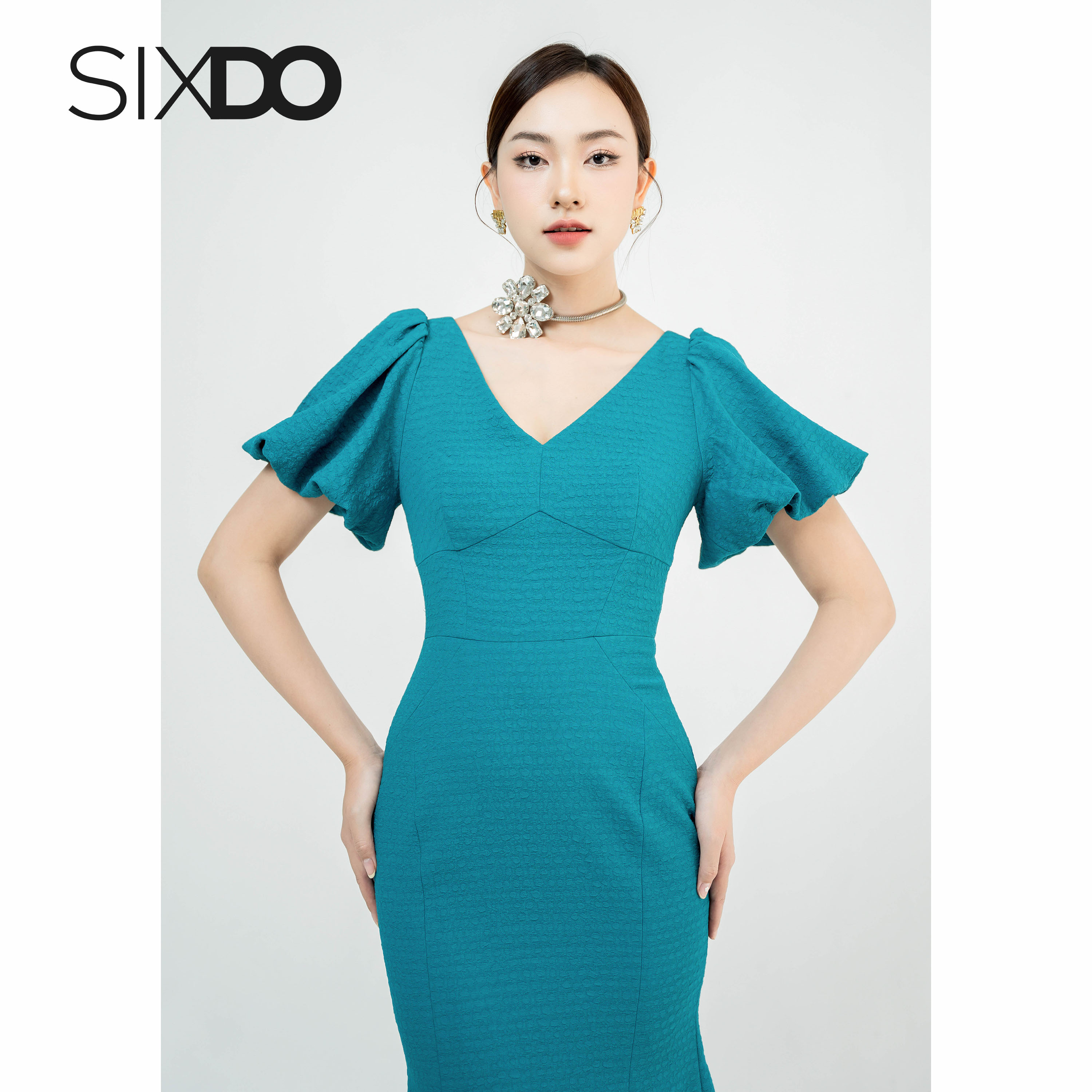 Đầm midi đuôi cá cổ V tay phồng SIXDO (Dark Turquoise Mermaid Midi Woven Dress)