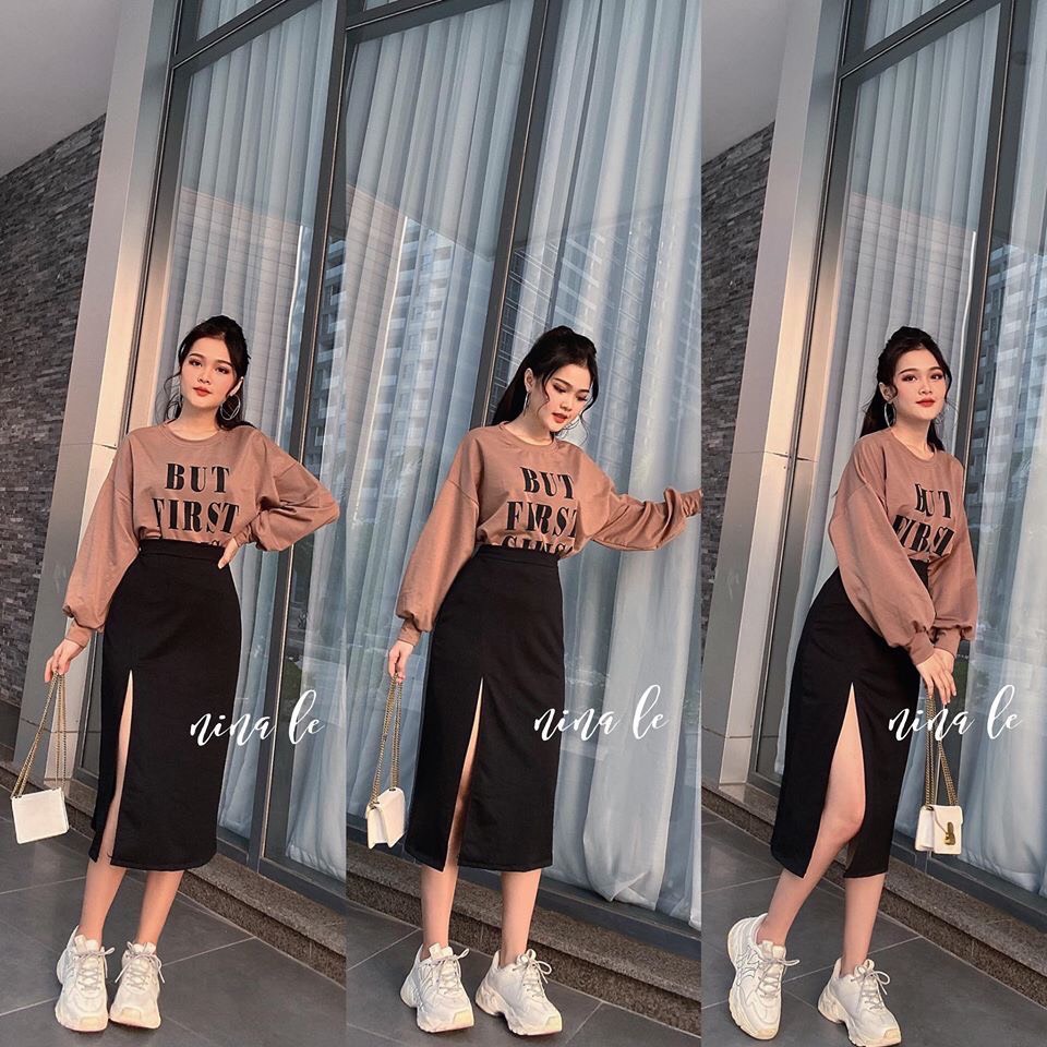 Chân váy midi xẻ hở đùi thun gân co giãn phong cách nữ