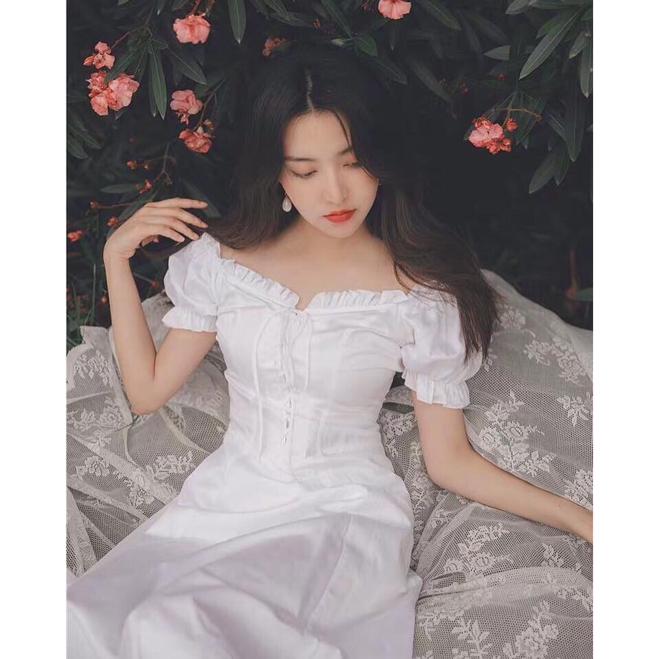 Đầm cổ bèo đan dây trước 2 màu