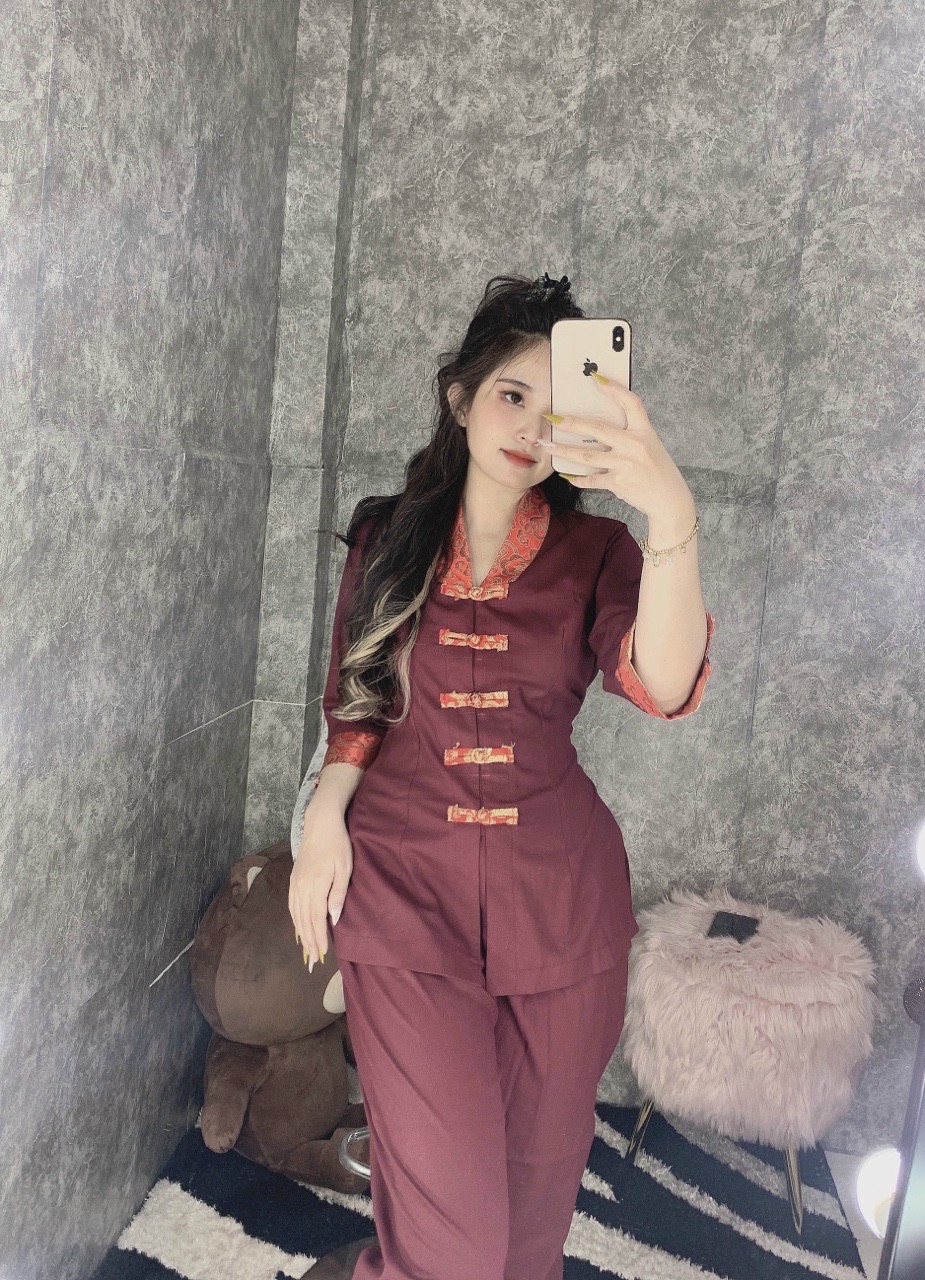 Đồ lam đi chùa # bộ viền hoa lụa hàn 2# quần áo nữ cao cấp