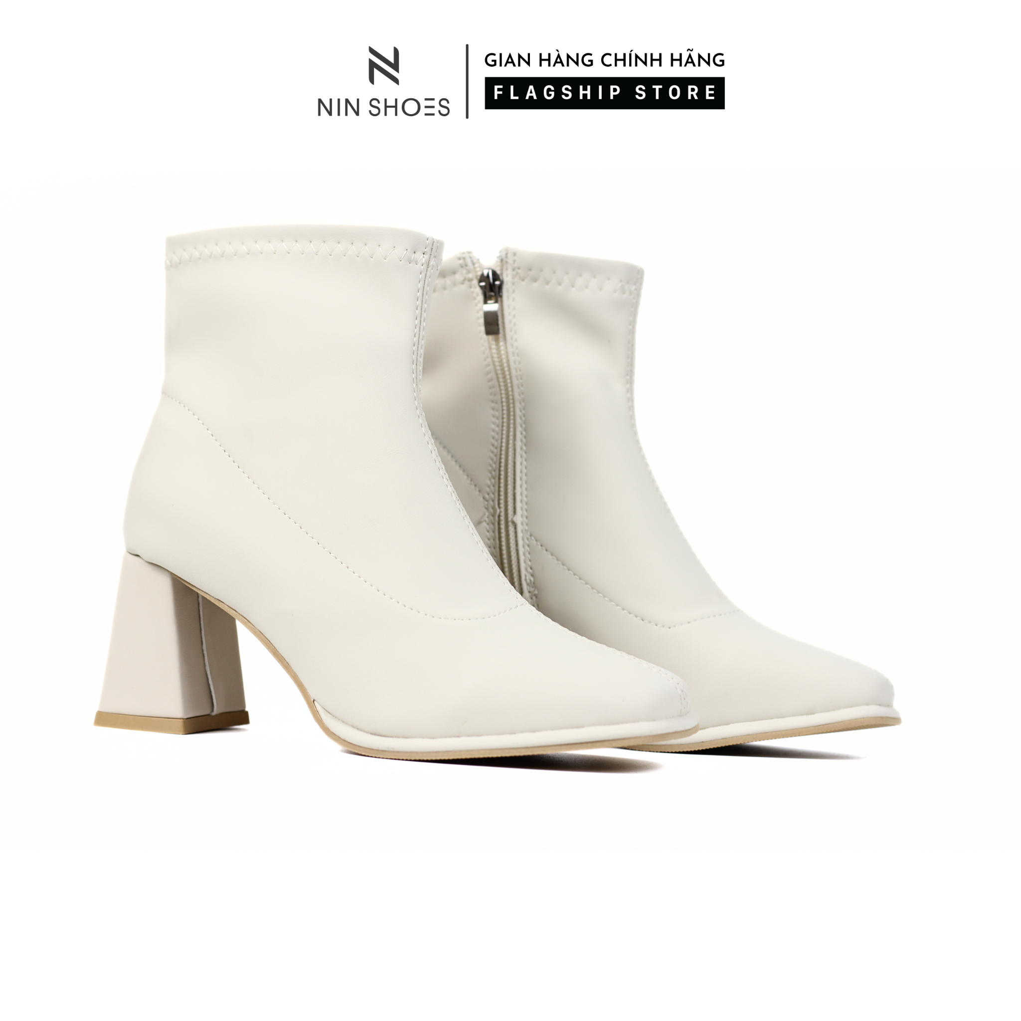 Bốt da trơn đế vuông Ninshoes boot cao cổ mũi nhọn kiểu dáng đơn giản dễ phối đế giày đàn hồi cao form chuẩn Bom016