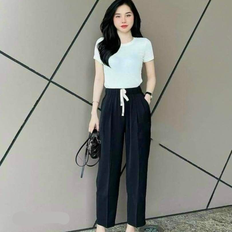 Quần baggy nữ lưng cao cạp chun dây rút F4U vải ruby cao cấp Q148