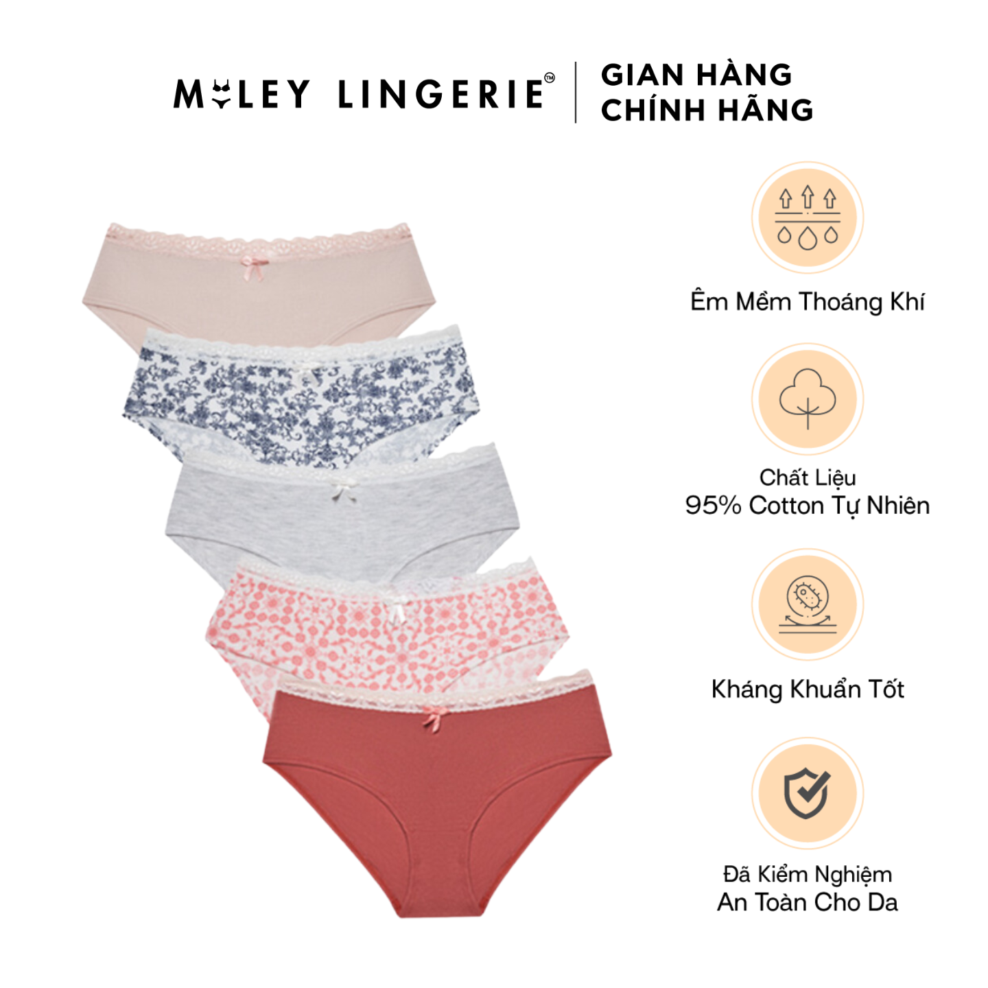 Combo 5 Quần Lót Cotton Lụa Phối Ren Size Lớn Nature Wind Kháng Khuẩn Thoáng Khí Miley Lingerie FCP11 Combo 5 Cotton Silk Lace Panties Plus Size Nature Wind Miley Lingerie