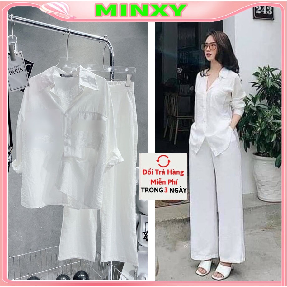 Set áo sơ mi quần ống rộng bộ đũi trắng MIX đồ đi chơi cực sang chất vải đũi mặc vừa nhẹ vừa mát-MINXY SHOP