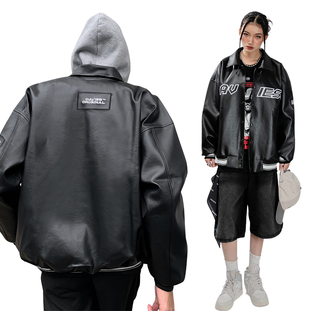 Áo varsity jacket nam nữ vải da DAVIES local brand chống nước màu đen form rộng thêu chữ
