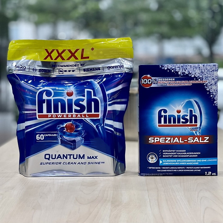 Combo finish: viên rửa bát quantum max 60 viên + muối 1,2kg