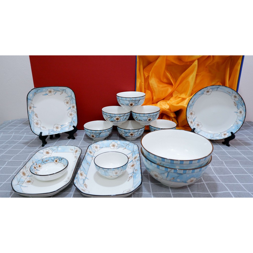 [hàng cao cấp] bộ bát đĩa sứ họa tiết hoa mai (gồm 18 chi tiết-men dầy dặn-sáng-họa tiết nhã nhặn, sang trọng)