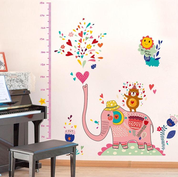 Decal dán tường Thước đo chiều cao voi hồng -T18-kiddecals
