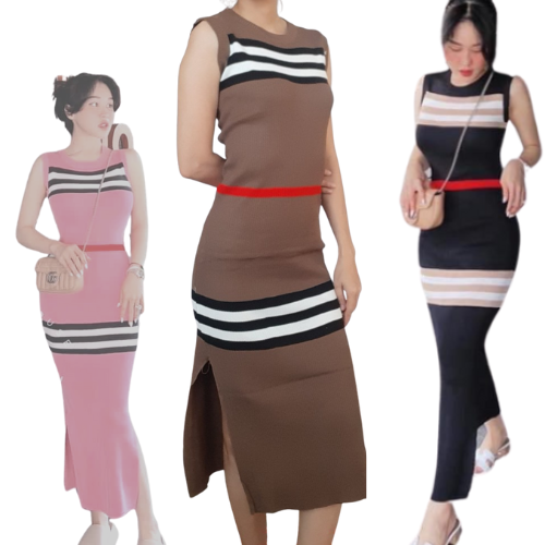 Đầm len thun sọc ngang thổ cẩm ôm body