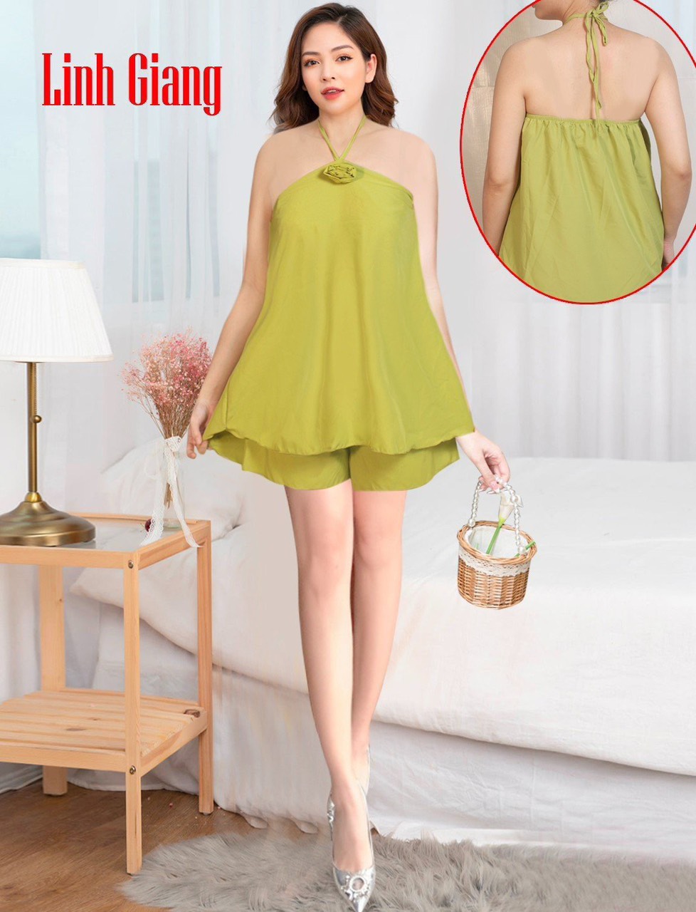 Set Yếm Vải Lụa Hàn Mát Mịn Họa Tiết Dễ Thương,Freesize Dưới 60kg