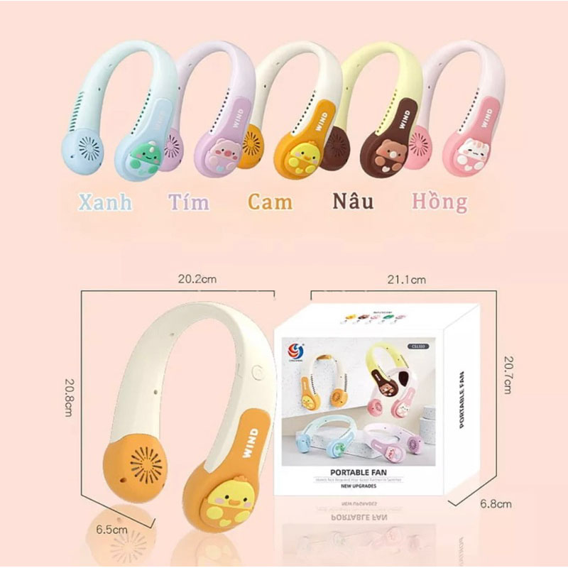 Quạt đeo cổ mini không cánh hình thú 3d với 3 cấp độ gió