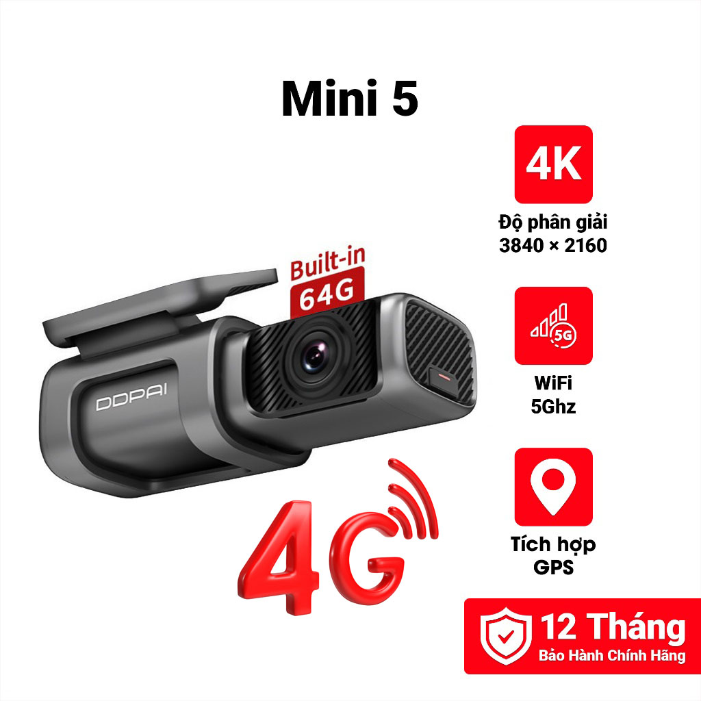 Camera Hành Trình Ô Tô DDPai Dash Cam Mini 5 Độ Phân Giải 4K Tích Hợp GPS