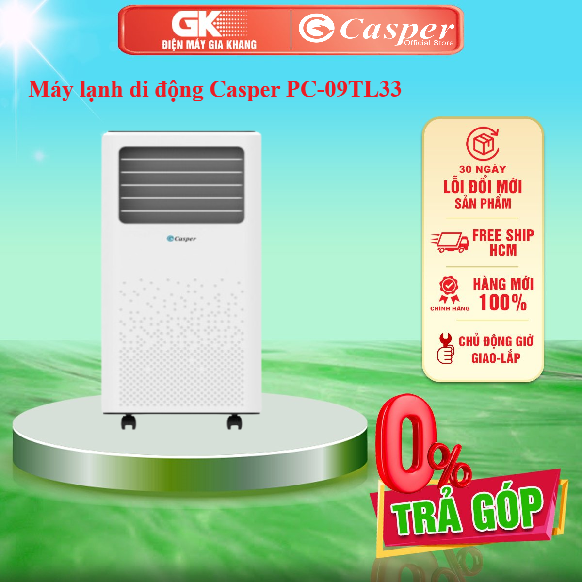 Máy lạnh di động Casper PC-09TL33 Dàn tản nhiệt đồng mạ vàngCông nghệ tạo khí Anion - GIAO TOÀN QUỐC - FREESHIP HCM