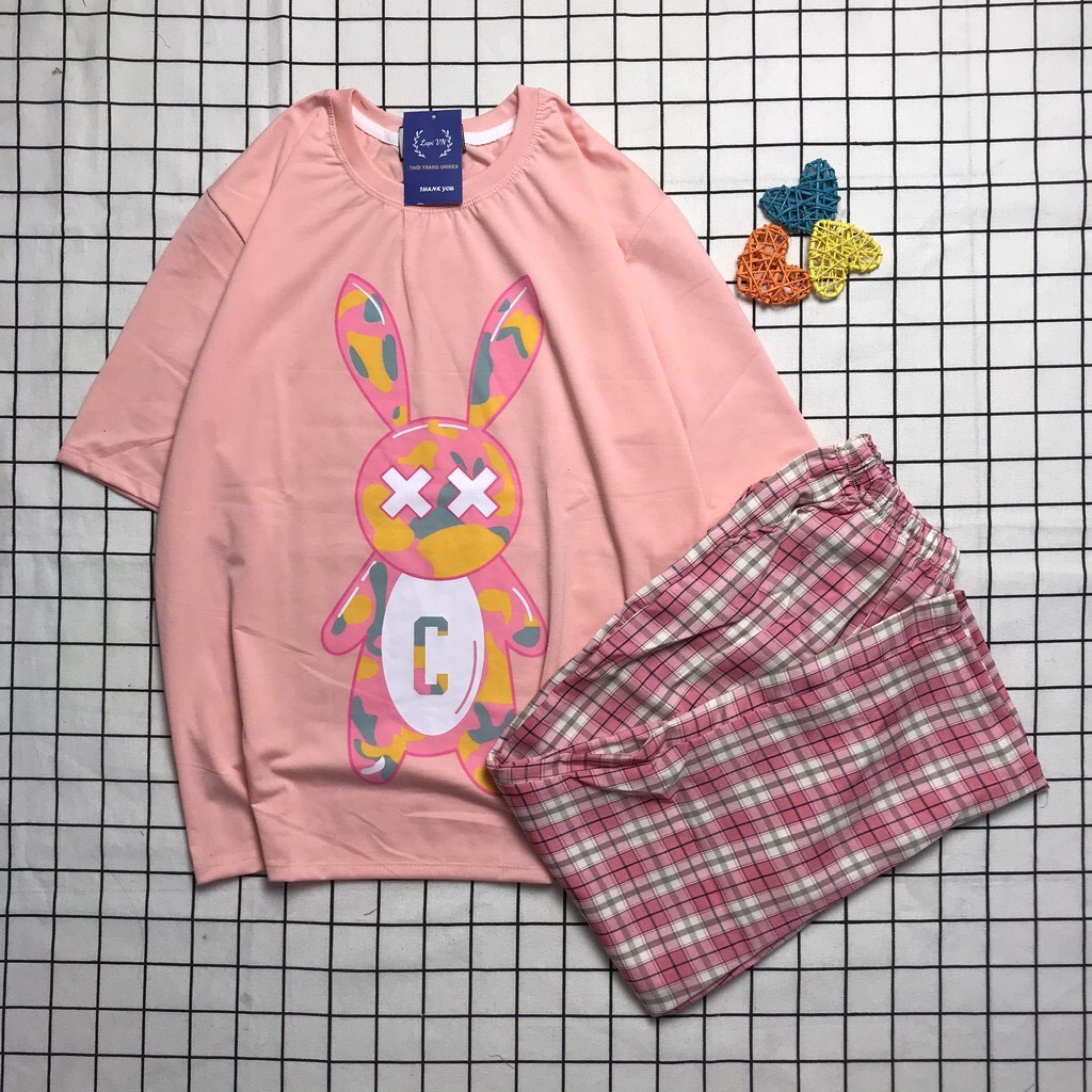 Sét Bộ Thỏ Hồng Habit + Quần Dài Caro Ống Rộng Cực Xinh Sét Bộ 3D Cartoon Hoạt Hình Đồ Bộ Đẹp  Đồ Bộ Nam Nữ Mặc Nhà TTSLB0073