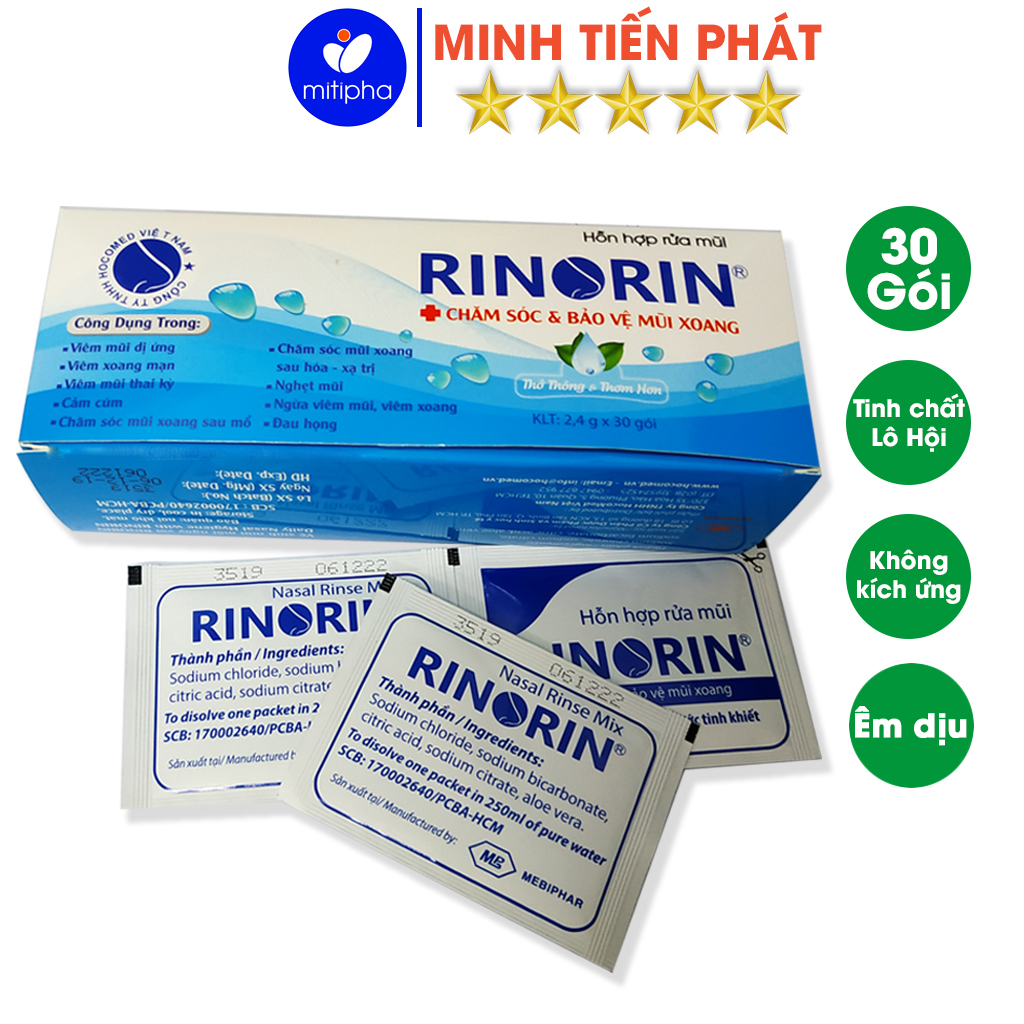 Muối rửa mũi Rinorin hộp 30 gói hỗn hợp muối rửa mũi cho mọi lứa tuổi