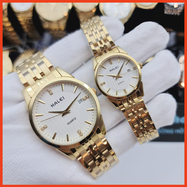 Đồng hồ cặp thời trang nam nữ Halei 562 Hl1 mặt tròn dây kim loại kèm lịch ngày cao cấp