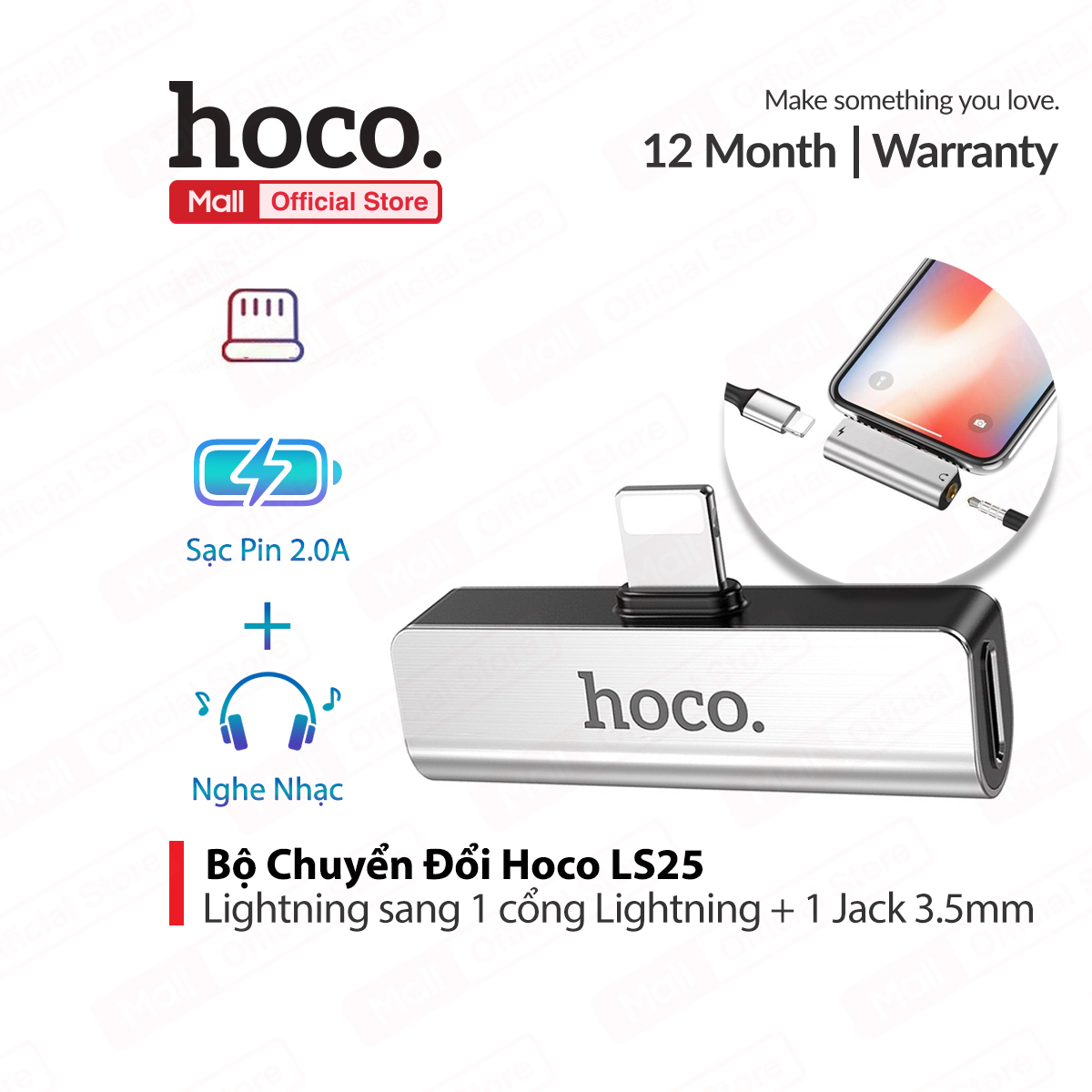 Bộ Chuyển Đổi Hoco LS25 cổng Lightning sang 1 cổng Lightning và 1 cổng Jack 3.5mm ,vừa sạc vừa nghe nhạc