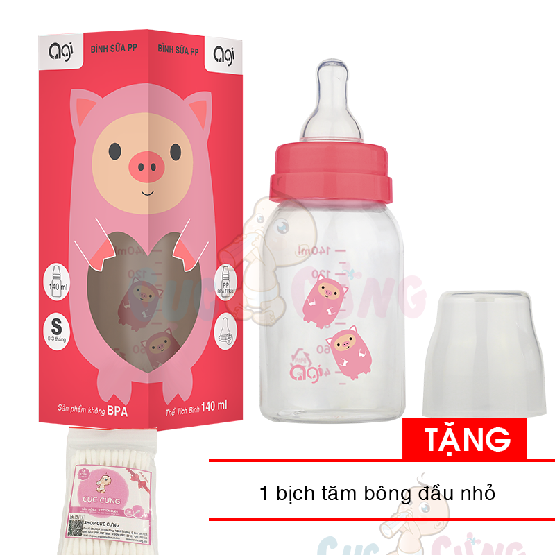 Bình sữa AGI Premium cổ thường 120ml Tặng 1 bịch tăm bông đầu nhỏ