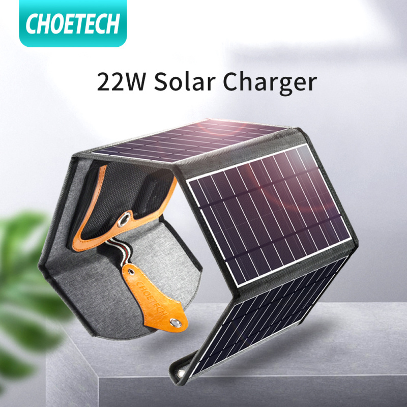 CHOETECH Solar Charger, 22W Waterproof Portable Dual USB Outdoor Solar Panel Charger with 4 Foldable Solar Panel for Smartphone Tablet Camera Powerbank and Camping Travel