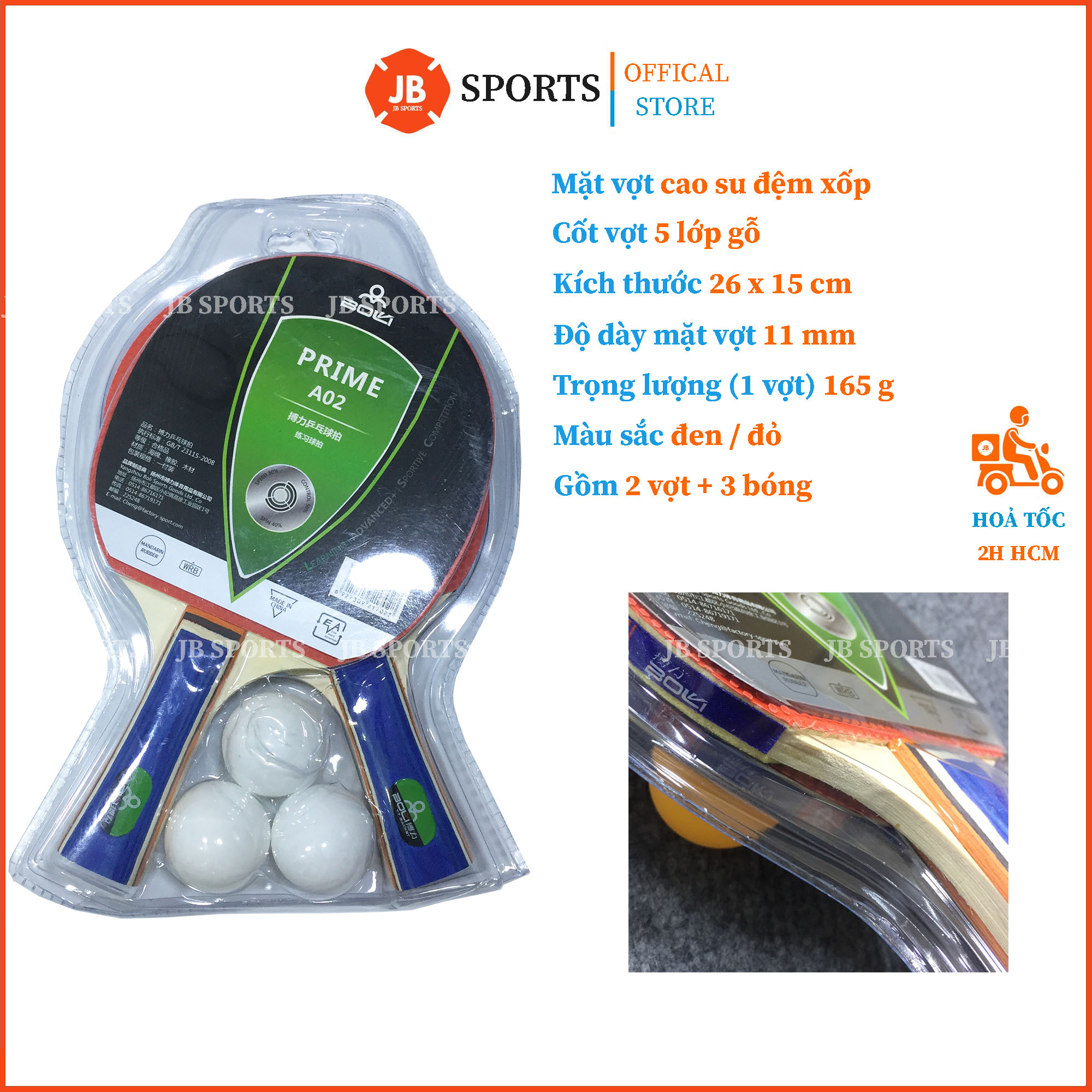 Bộ vợt bóng bàn chính hãng prime bla02b cao cấp tặng kèm 3 bóng