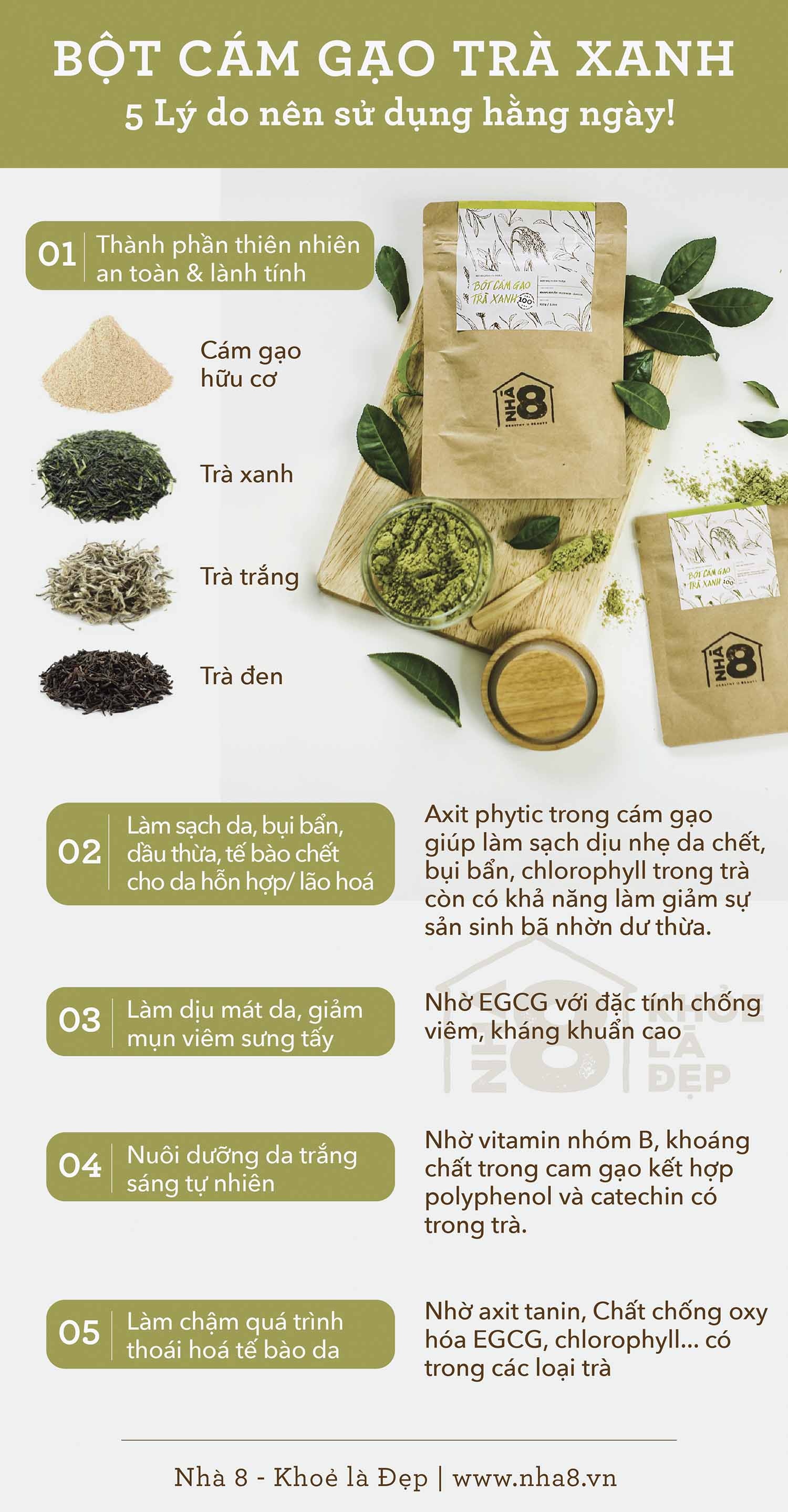 Green Tea Rice Bran Powder - White Toothpick (50Gr~100Gr)