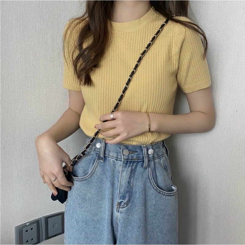 Áo len tăm cộc tay cổ tròn dáng basic