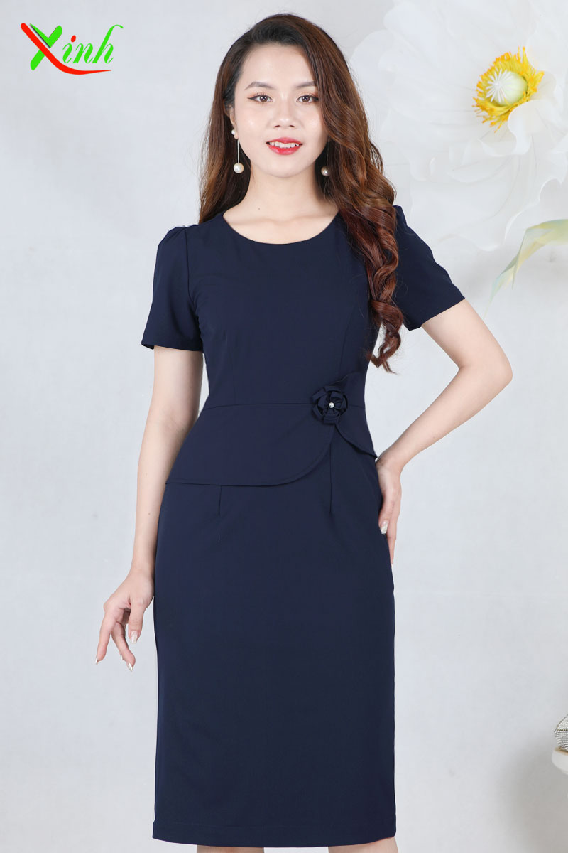 Đầm Peplum Xanh Đen Kết Hoa Thủ Công DL806