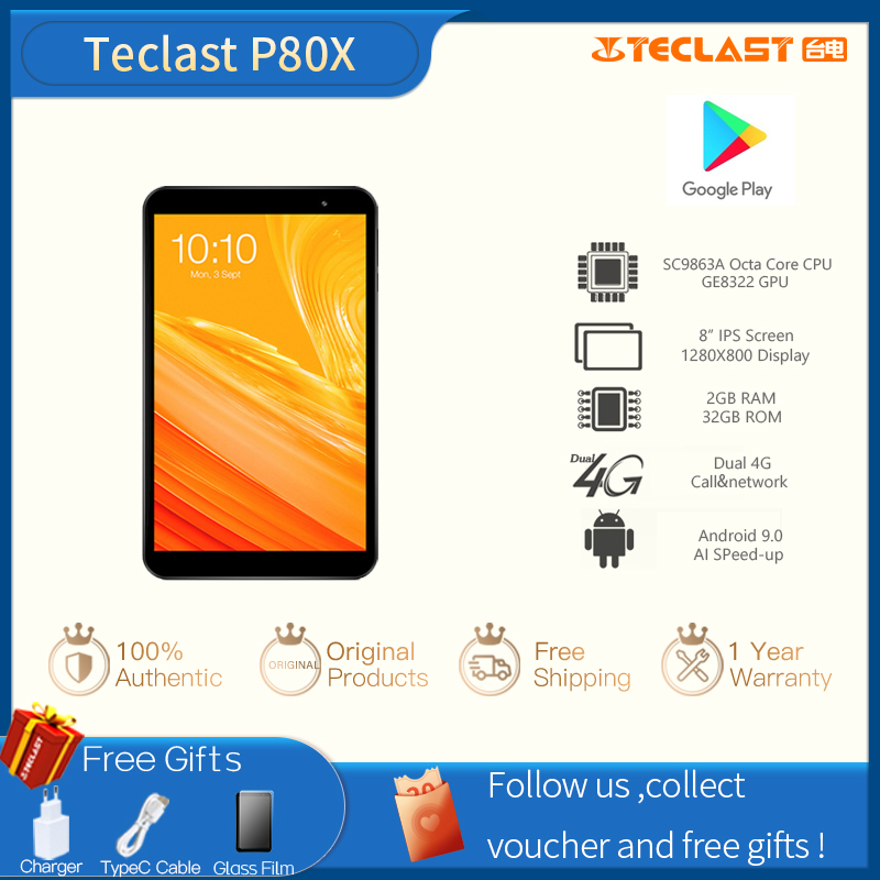 【Factory Delivery】Teclast P80X 8inch 2GB RAM 32GB ROM 4GTablet Android 9.0 1280 x 800 IPS SC9863A SOC Octa Core 1.6GHz Dual Cameras Tablet