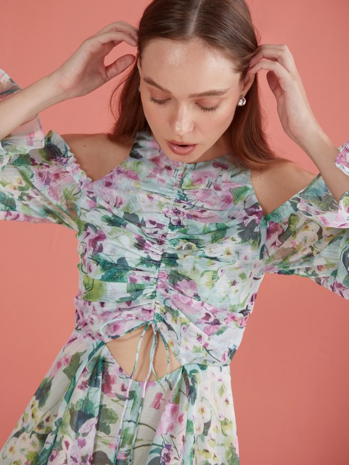 COCO SIN - Playsuit Hoa Xanh Nhún Ngực