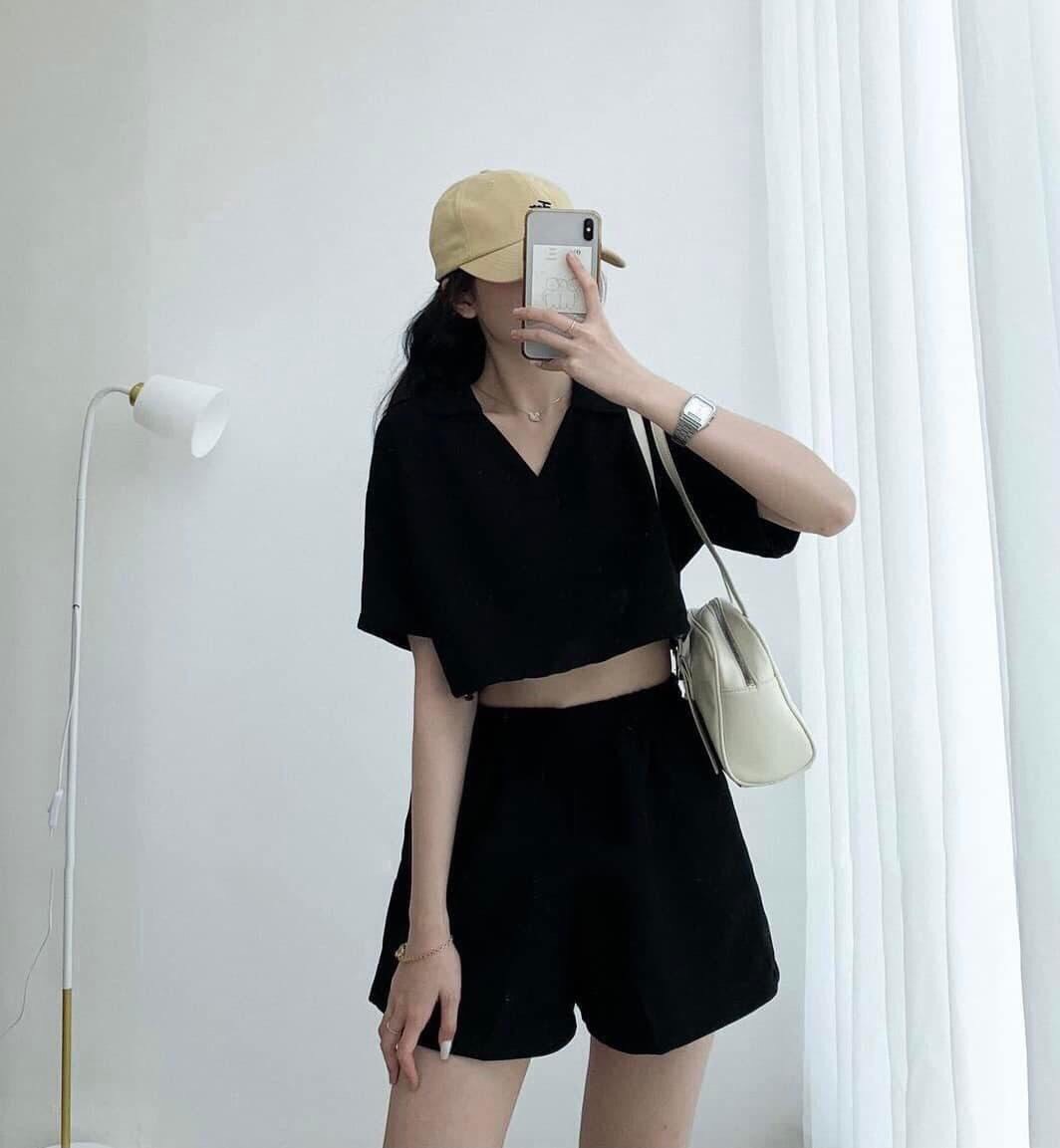 SÉT BỘ ÁO CROPTOP RÚT EO TAY LỬNG MIX QUẦN