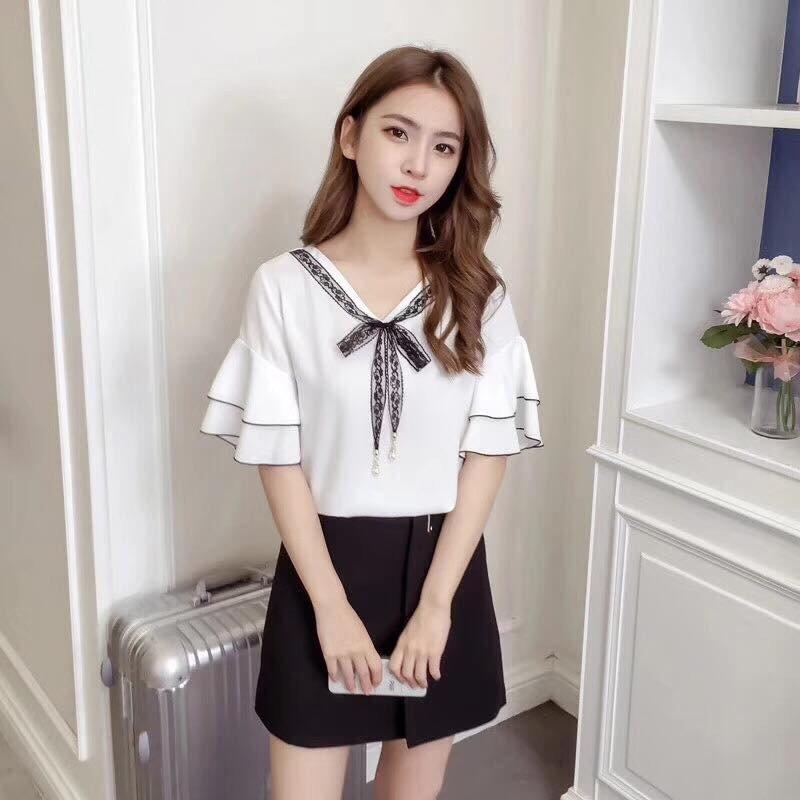 Áo sơ mi von tay bèo thắt nơ cổ sang trọng TTS0047