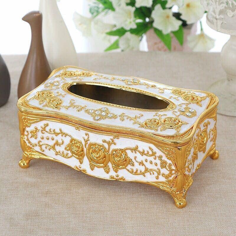 Hộp đựng giấy ăn hợp kim mạ vàng sang trọng, hoa văn tinh xảo, đựng được 50 tờ khăn giấy, Hop dung giay an hop kim ma vang sang trong, hoa van tinh xao, dung duoc 50 to khan giay