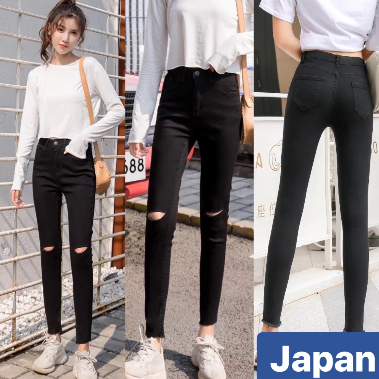 QUẦN JEAN NỮ CHẤT BÒ ĐEN RÁCH GỐI HÈ THU SIÊU CO GIÃN NHẬT BẢN LƯNG CAO NÂNG MÔNG NHẬT BẢN JP-19 JAPAN FASHION