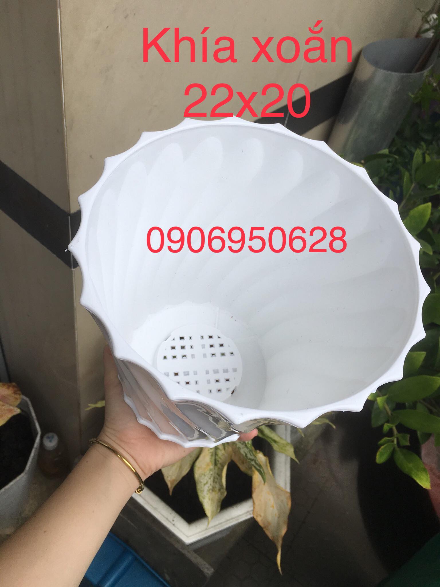 Chậu nhựa khía xoắn trắng (có dĩa lót)
