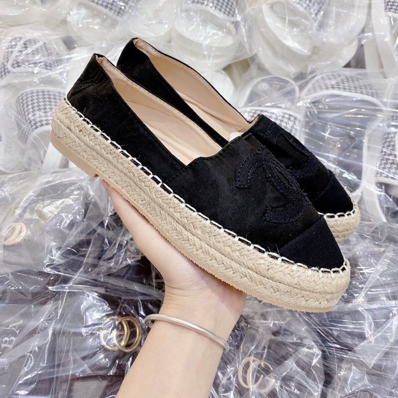 giày lười chanel đen da nỉ đế cói
