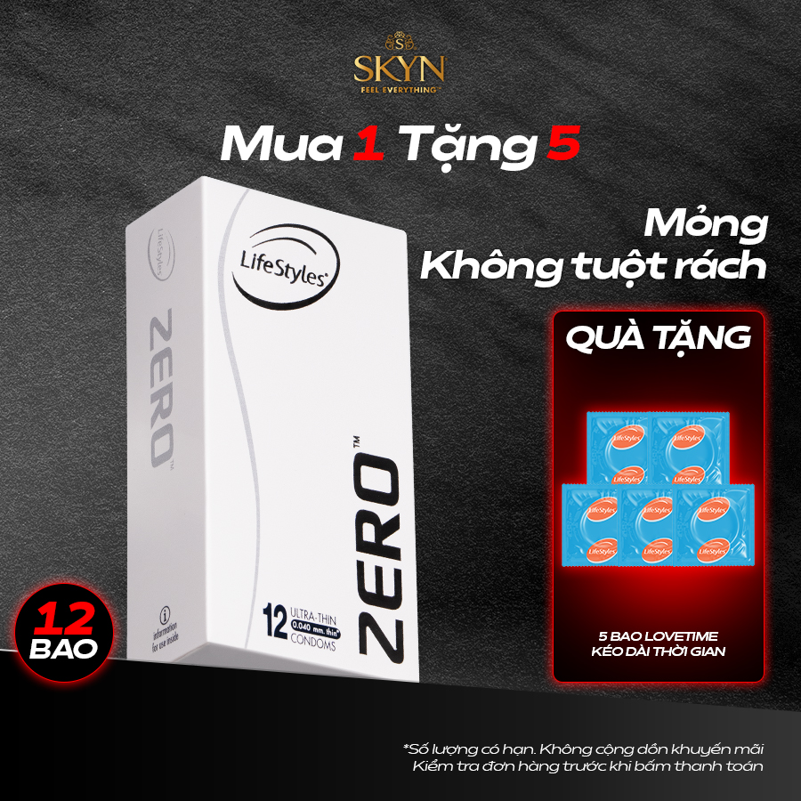 Bao cao su mỏng khít LifeStyles Zero - Trơn êm -  Hộp 12 bao