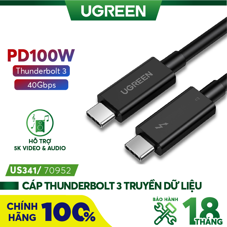 THUNDERBOLT 3 (USB Type-C Gen 3) truyền dữ liệu 40Gbps, xuất hình ảnh 5K60Hz, sạc 100W, dài 0.5-2m UGREEN US341 - Hàng phân phối chính hãng - Bảo hành 18 tháng