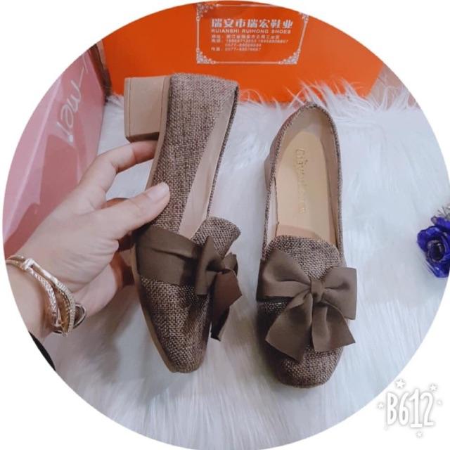 Giày 3 phân nơ kẻ chất dạ